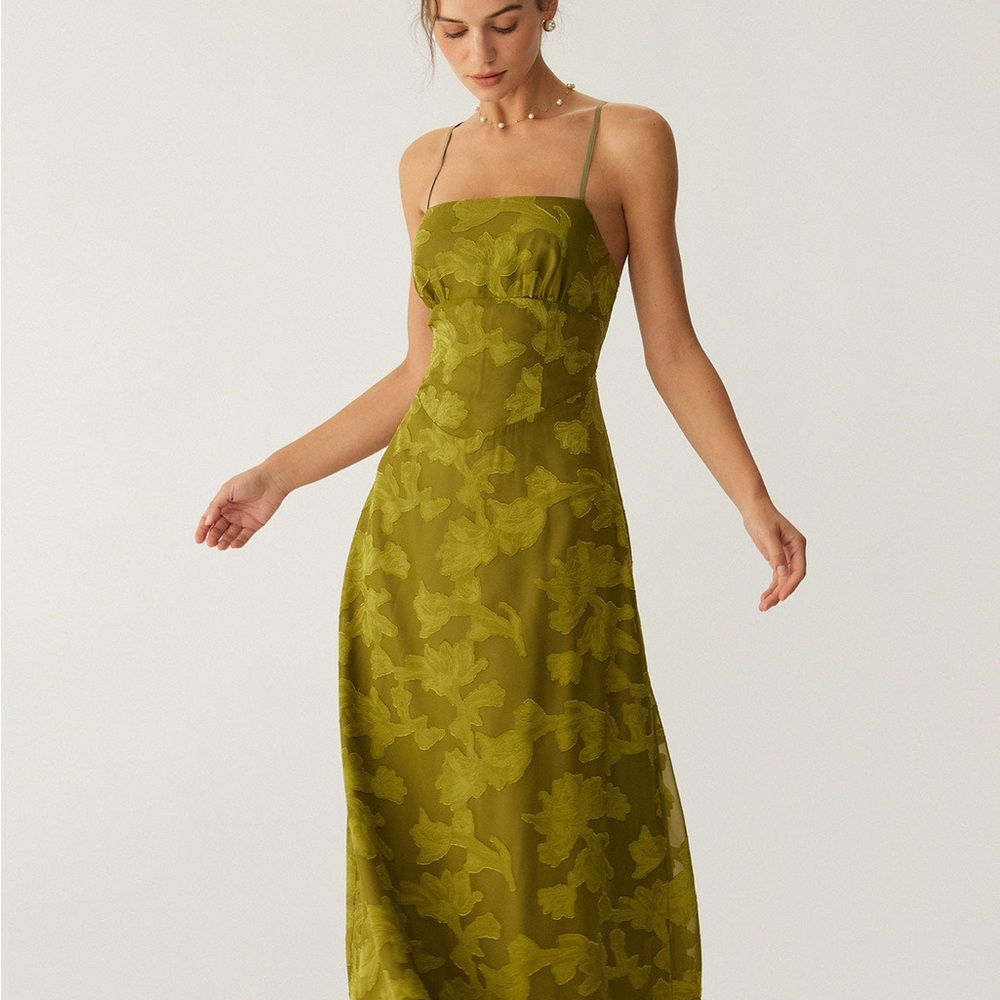 Rihoas Green Floral Ruched Backless Slip Maxi Dress